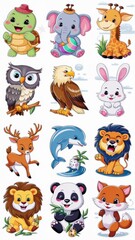 Naklejka premium Adorable Cartoon Animal Stickers Collection Featuring Cute Turtle, Owl, Giraffe, Eagle, Elephant, Deer, Panda, Dolphin, Lion, and Fox Illustrations