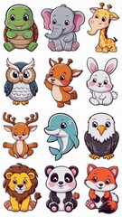 Naklejka premium Adorable Cartoon Animal Stickers Collection Featuring Cute Turtle, Owl, Giraffe, Eagle, Elephant, Deer, Panda, Dolphin, Lion, and Fox Illustrations