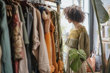 Obraz premium Woman in Boho Dress Posing by a Window with Clothes on Display