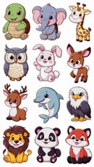 Naklejka premium Adorable Cartoon Animal Stickers Collection Featuring Cute Turtle, Owl, Giraffe, Eagle, Elephant, Deer, Panda, Dolphin, Lion, and Fox Illustrations
