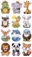 Obraz premium Adorable Cartoon Animal Stickers Collection Featuring Cute Turtle, Owl, Giraffe, Eagle, Elephant, Deer, Panda, Dolphin, Lion, and Fox Illustrations