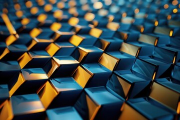 Abstract Background, a sleek 3D honeycomb pattern in blue and gold, with precise geometric alignment and vivid contrasts,