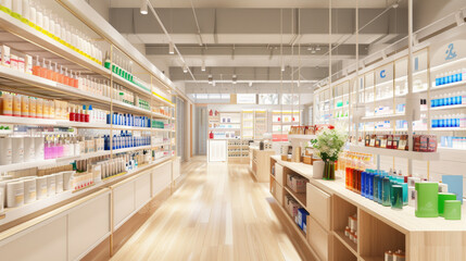 A spacious, brightly lit store interior with neatly arranged shelves showcasing an array of colorful cosmetic and personal care products.