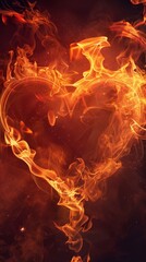 a Fiery Heart with Flames, Smoke, and Abstract Design. Symbolizing Passion, Love, and Intensity for Valentine's Day. Featuring Warm Colors, Phoenix Imagery, and a Sense of Danger and Magic