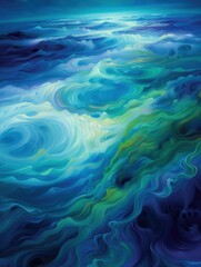 Obraz premium Abstract Ocean Waves Artwork. A vibrant abstract painting featuring swirling ocean waves in various shades of blue and green.