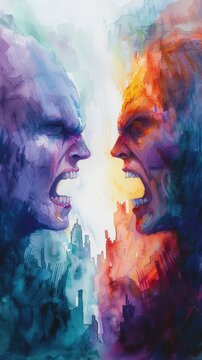 Abstract Watercolor Faces Conflict. A Vibrant Watercolor Painting Depicting Two Abstract Faces In Conflict With A Mix Of Colors And Intense Expressions.