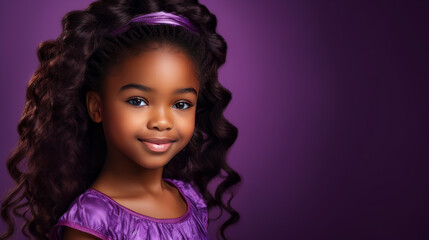 Fototapeta premium Portrait of smiling cute African American child girl with perfect skin, purple background, banner.