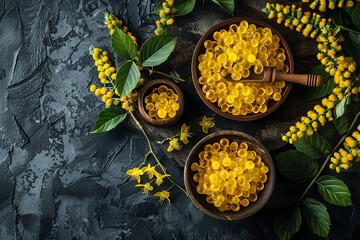 Top view of yellow pasta in wooden bowls with green leaves and yellow flowers on a textured dark background, creating an elegant, rustic scene.