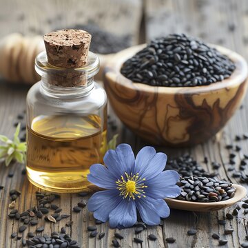 Aromatic black cumin seeds, essential oil in a glass bottle, and a blue flower on a rustic wooden table.