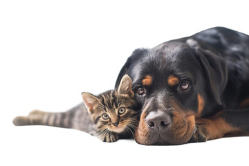 Obraz premium Loving Dog Sitting Close to Cat Isolated on Transparent Background