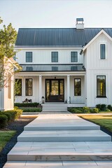 A white farmhouse with black metal roof.
