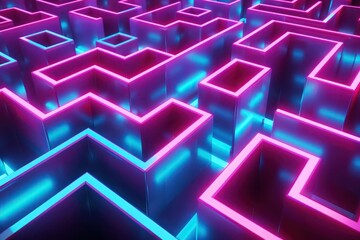A 3D maze of interconnected geometric shapes in bold neon colors, forming an abstract and visually intricate background that seems to glow and pulse, captured in ultra-high resolution by an HD camera