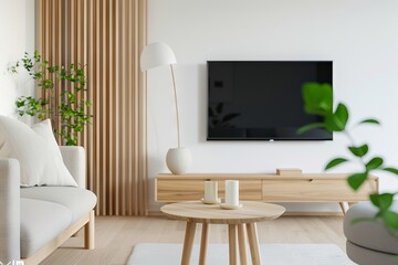 A white living room with a tv and plant.