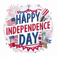 Festive Happy Independence Day Celebration with American Flags, Fireworks, Bald Eagle, and Statue of Liberty Illustration