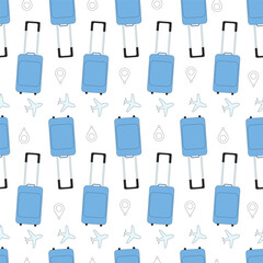 Travel seamless pattern. Luggage and direction symbols endless repeatable background. Vector outline flat illustration.