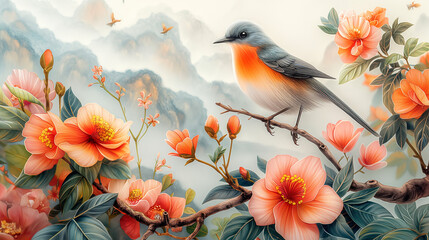 Fototapeta premium A botanical illustration of tropical flowers and birds, rendered in soft pastel colors on white background, with detailed foliage, vibrant flora, and elegant bird illustrations, creating an enchanting