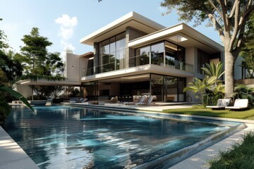 Fototapeta premium Luxury Villa with Pool and Garden: Modern Home with Swimming Pool and Stunning Architecture