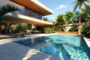 Villa with Pool: Modern Luxury House with Swimming Pool in Lush Garden Setting