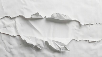 Empty white canvas with hole close up Rough textured advertising banner mockup with torn seam
