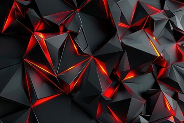 Abstract Background, a futuristic 3D tessellation of triangular prisms in black and neon red, with sharp edges and intricate detailing enhancing the contrast,
