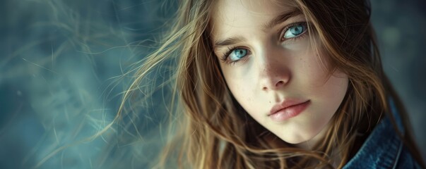 A close-up studio portrait of a teen girl with striking blue eyes and wind-swept hair. The soft focus background and natural light enhance her youthful beauty and the subtle details of her expression.