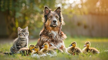 A Dog, a Cat, and Ducklings Sharing a Sunny Day