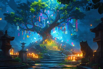 Cards with messages and wishes on the traditional Japanese wishing tree. Sacred wishing tree of desires and dreams. Chinese New Year and Lunar New Year celebrating. 