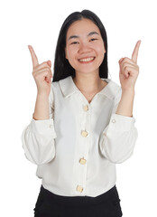 Smiling businesswoman both hand pointing up