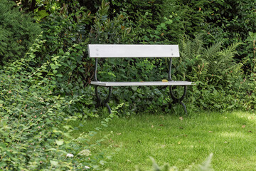 Fototapeta premium cream-colored wooden bench mounted on a black steel frame standing in a park