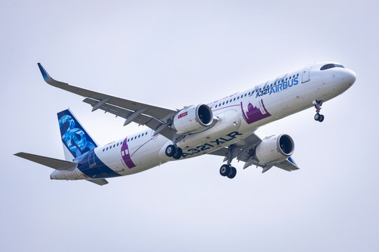 Airbus A321neo XLR prototype aircraft in the air. Flying display at ILA Berlin aviation exhibition.