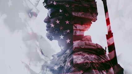 Naklejka premium United We Stand: A Soldier's Tribute Against the American Flag