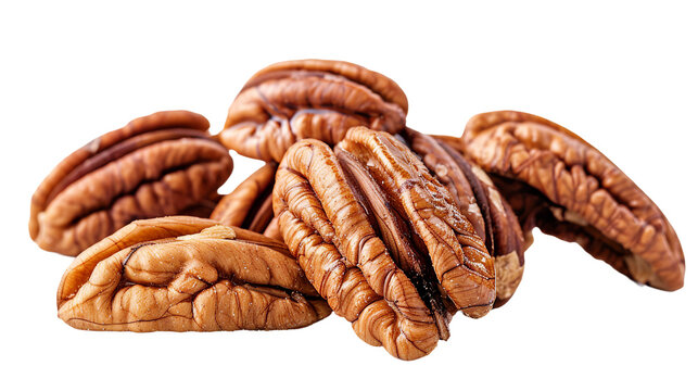 Fresh Pecans Isolated on Transparent Background - Nutty Brown Snack for Healthy Eating, Macro Closeup of Organic Culinary Ingredient, Perfect for Vegan and Vegetarian Recipes.