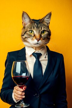 catman fur in busuness suit and glass of wine