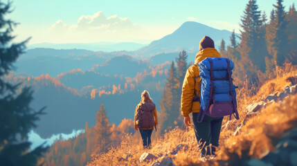 Obraz premium Authentic natural pics Friends hiking in a scenic forest capturing moments of adventure and camaraderie