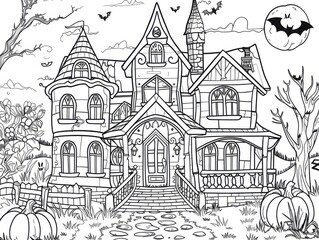 Obraz premium Halloween Colouring Sheet: Haunted House for Kids. Printable 11x8.5 Inch Halloween Pumpkin and House Coloring Page