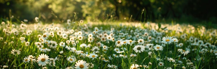 A panoramic view of a spring meadow with daisies flowers on a sunny day