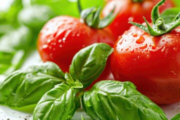 Tomatoes and Basil. Fresh Red Tomatoes with Green Basil Leaves on White Background