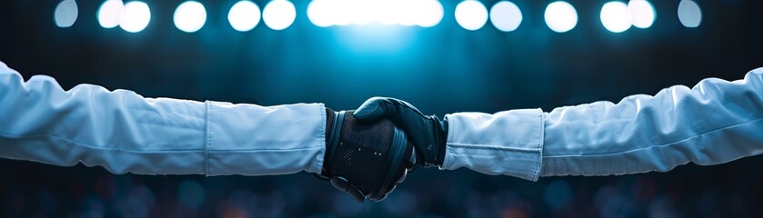 Side view of fencers in full gear shaking hands, blurred audience in background, detailed fencing suits, realistic shadows, high clarity, warm lighting - Powered by Adobe