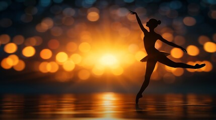 Rhythmic gymnast executing a graceful pose on a mat in a brightly lit arena, detailed textures, dramatic spotlight, realistic colors, high clarity, vibrant tones