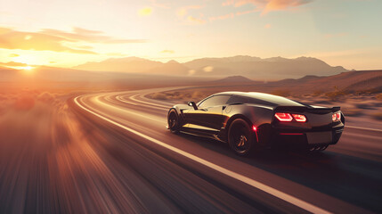 Black Sports Car Driving on Curved Highway at Sunset. High-Speed Supercar on Desert Road During Sunset