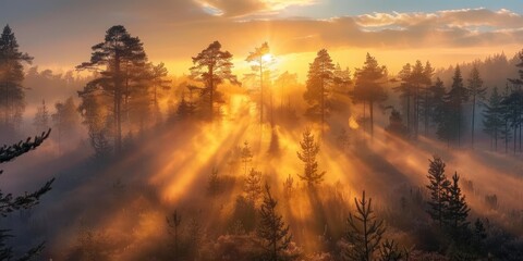 Sunbeams Through Misty Forest at Dawn