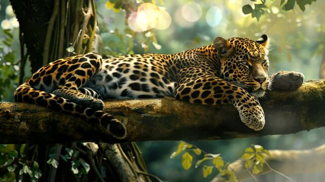 leopard sleep tree in forest video background seamless looping 4k quality
