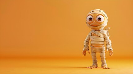 3d render cute mummy character in orange background