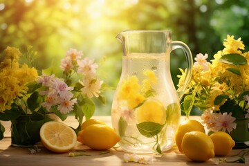 Refreshing homemade lemonade with fresh lemons in sparkling water under sunlight
