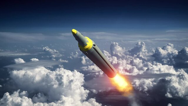 North Korean ballistic missile flies over clouds. 3d animation. 4k.