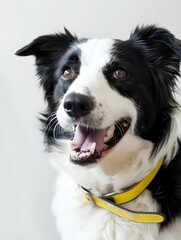 Fototapeta premium A black-and-white dog, wearing a yellow collar, sits with a sideways glance and smiles