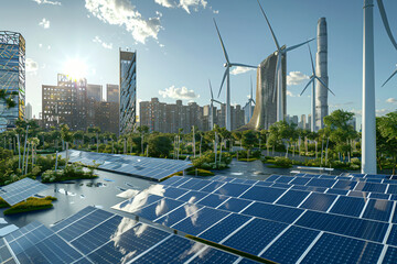 A futuristic renewable energy complex with vertical wind turbines and high-efficiency solar panels in an urban setting.[A-0003]