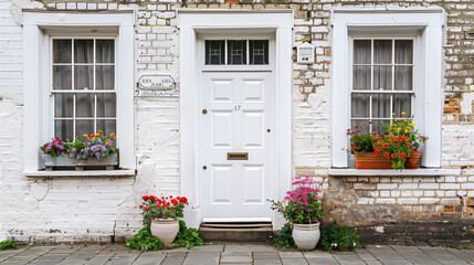 The white front door is decorated with small, square decorative windows and flower pots placed next to it.
