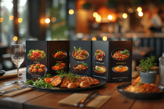 On wooden table brochure mockup menu tri-fold. AI generation.