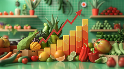 Rising food prices as a financial chart with a three-dimensional arrow that symbolizes the inflation crisis in food costs, illustrating dramatic changes in the food market.